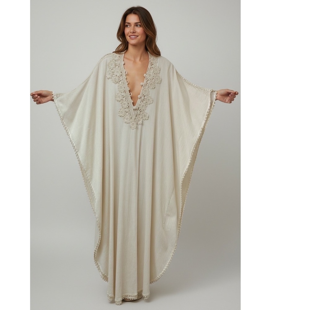 Vintage Handmade Crochet Lace Kaftan Maxi Dress Cream Boho Resort Wear